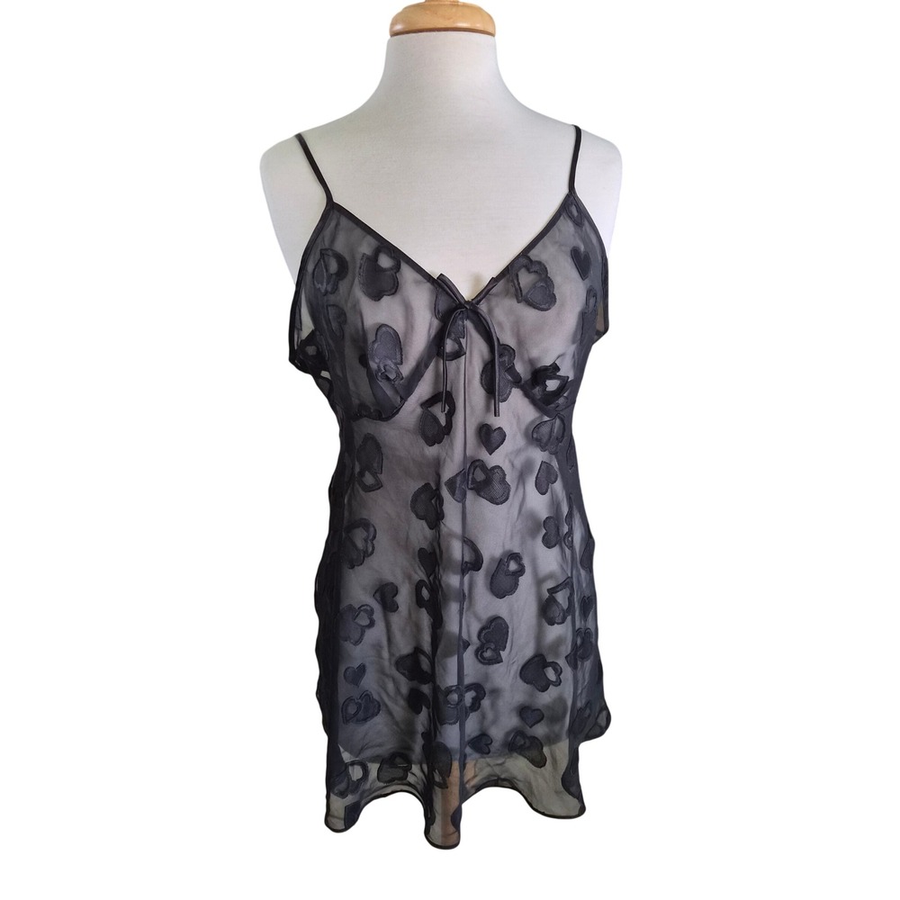 Secret Treasures Black Sheer Heart Mesh Babydoll Chemise Lingerie Large 13601